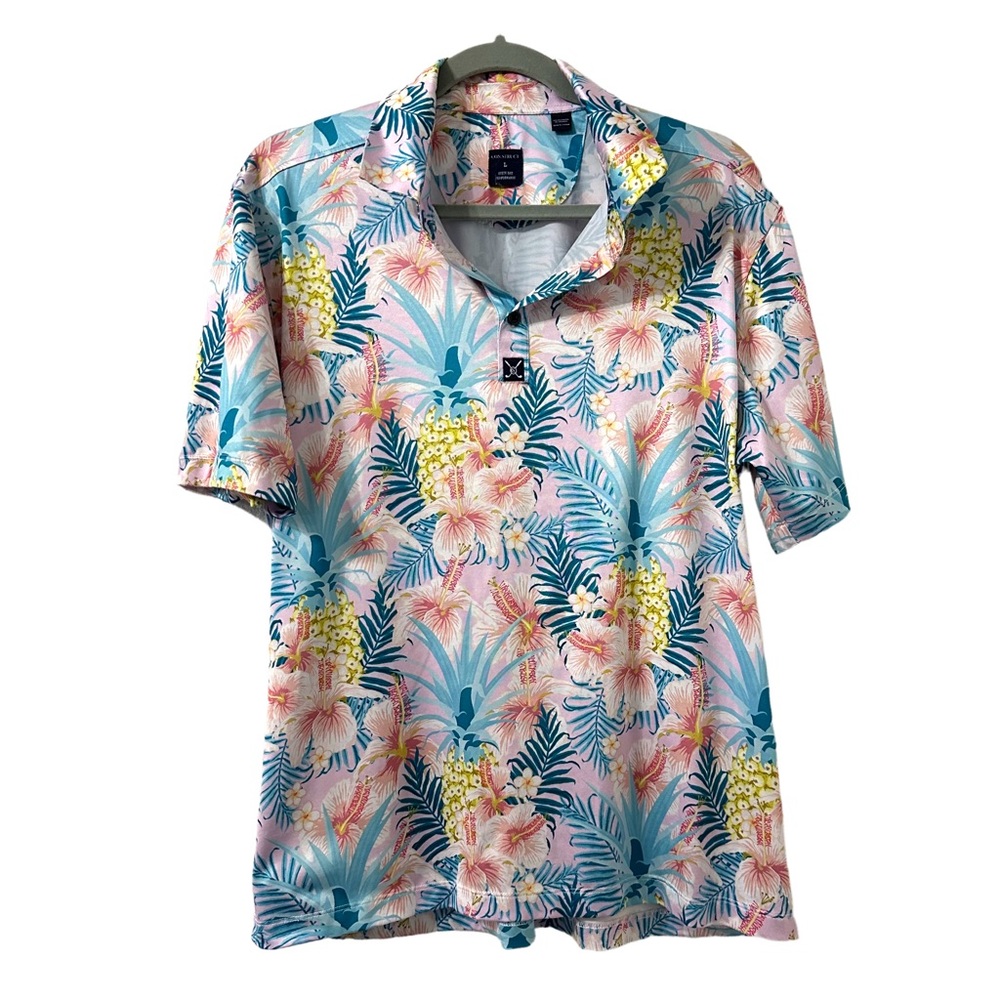 Con.struct Men’s Hawaiian Hibiscus Pineapple Print‎ Performance Polo Top Size L